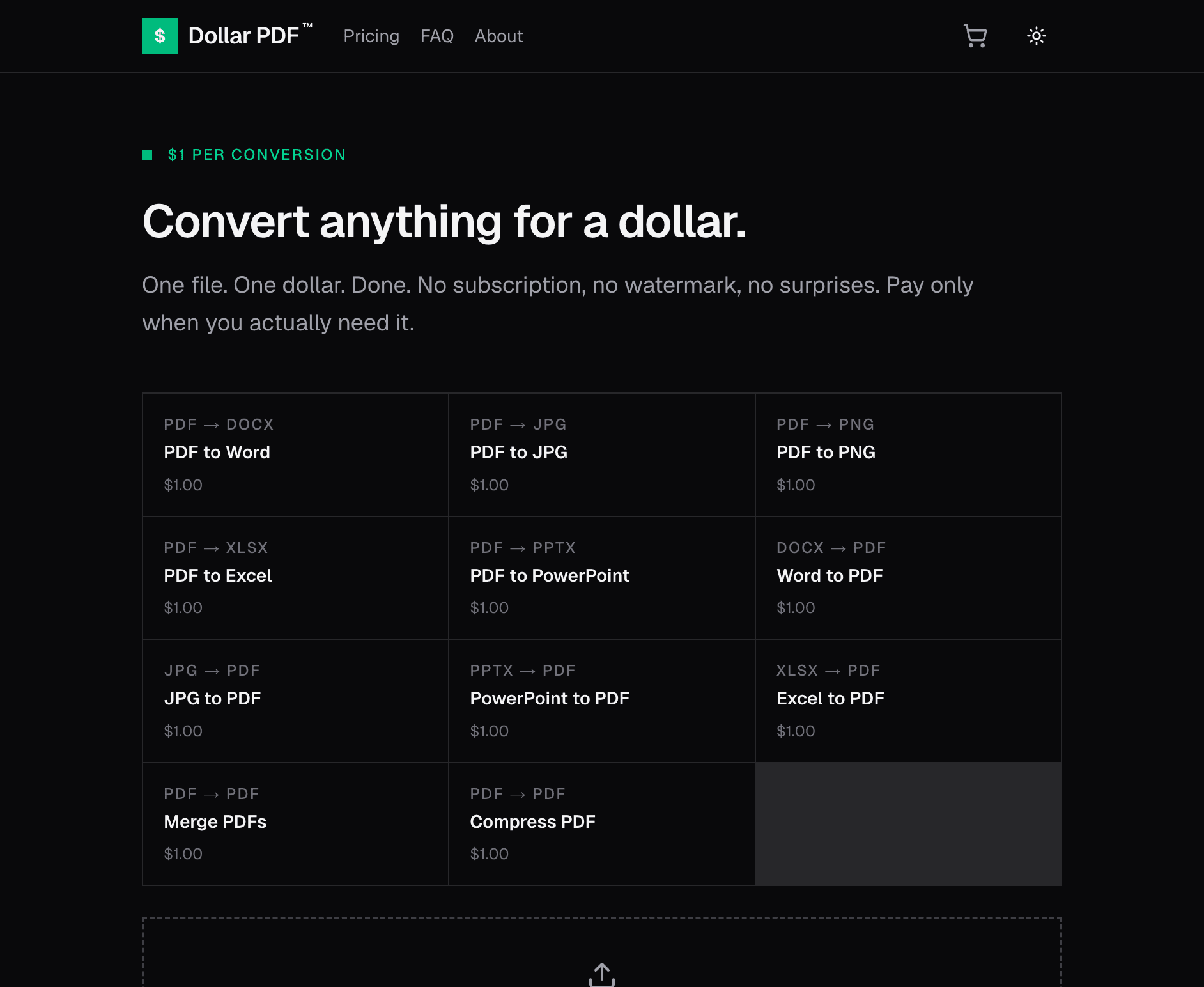 Dollar PDF homepage. Headline: Convert anything for a dollar. Subhead: One file. One dollar. Done. No subscription, no watermark, no surprises. Pay only when you actually need it. Below: a grid of conversion options each priced at $1.00.